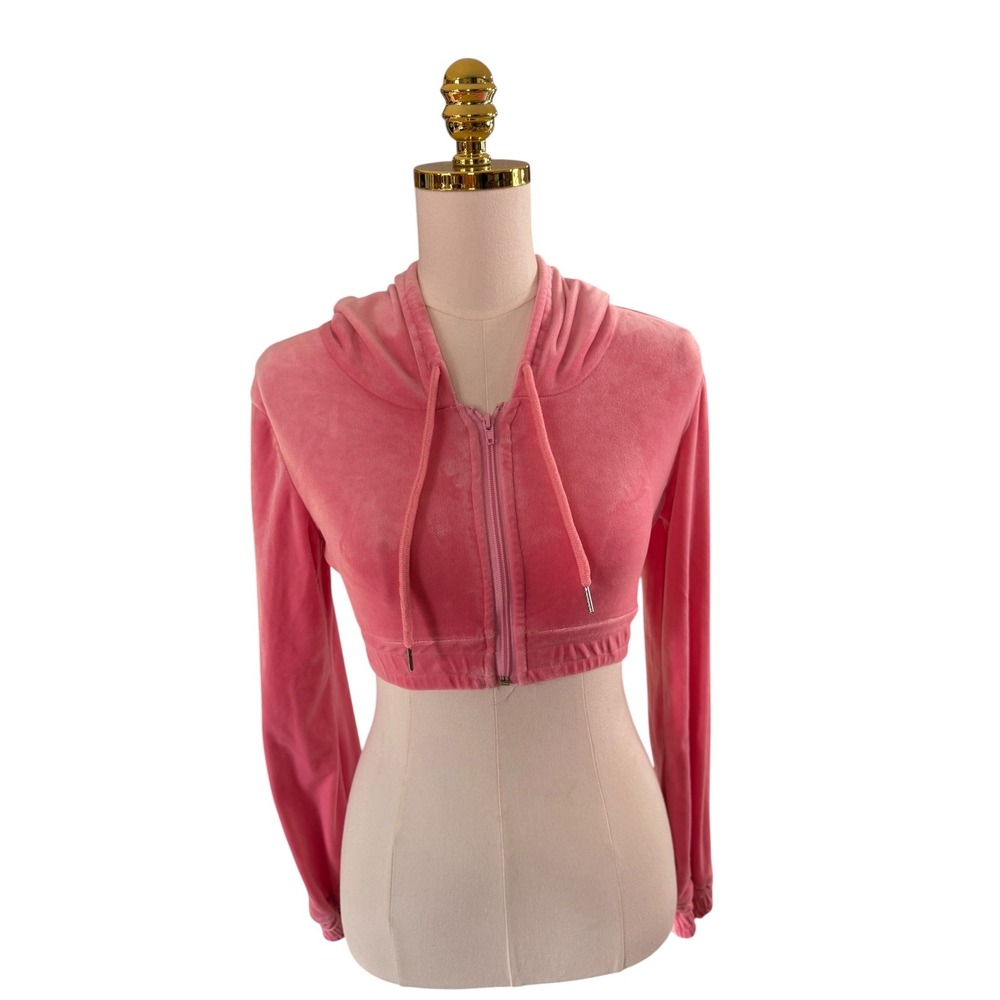 Copper Closet Pink Velour Crop Zip Hoodie Womens S Y2K 2000s Long Sleeve
